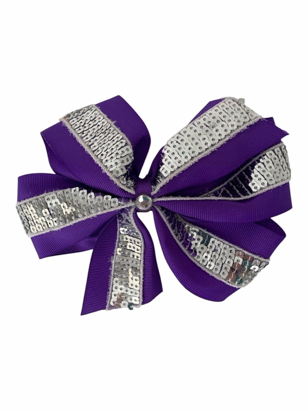 Large Grosgrain Hairbow Girls Size 6.5” Purple Ribbon Rhinestone Silver Sequin